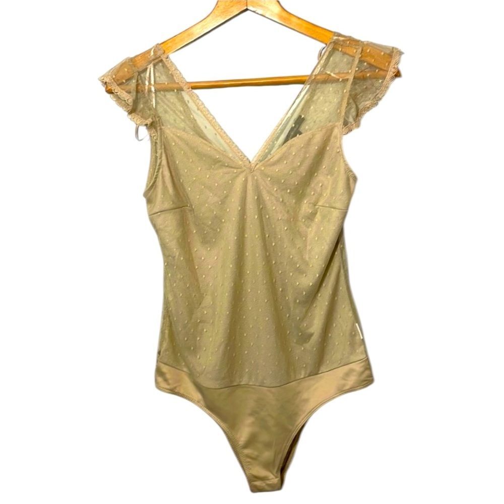 Ambiance Lace Bodysuit with cap sleeve. Khaki. Large.